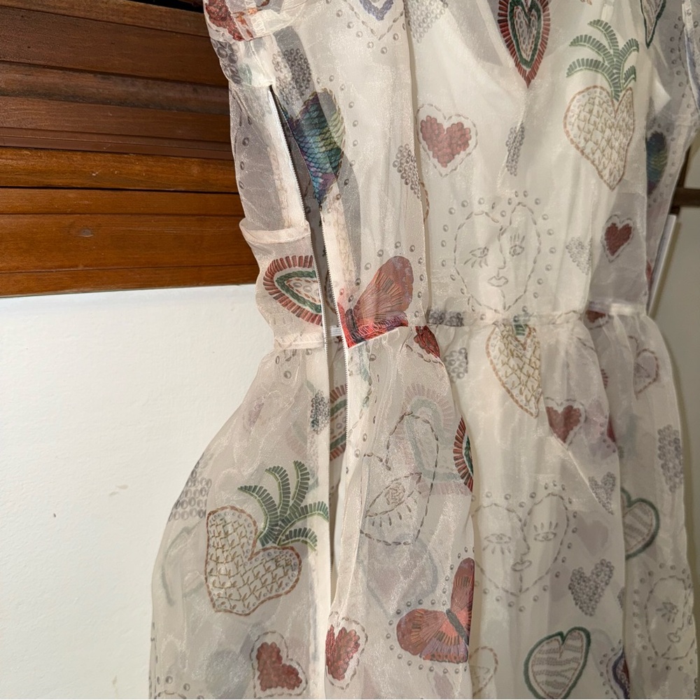NWT $228 Anthropologie x Farm Rio Semi Sheer Puff-Sleeve Mini Heart Dress S - Picture 13 of 16